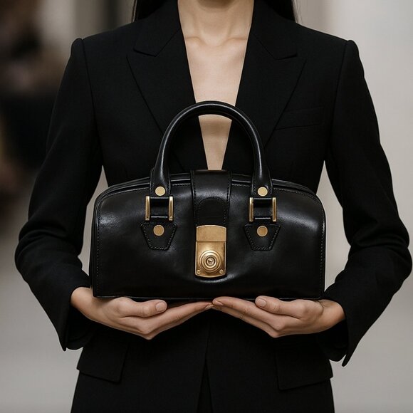 Francesco Rogani Black Leather Structured Handbag Gold Hardware Top Handle - Picture 1 of 16